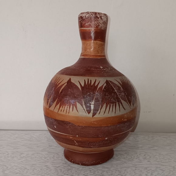 Vintage Handmade Rustic Mexican Clay Pottery Water Jug Decanter With Cup 8" Tall - Picture 3 of 16